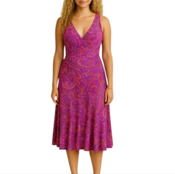 A42 Vintage Fushia Paisley Floral Blue V Neck Purple Sleeveless Midi Dress 4 - Picture 1 of 10